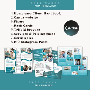 Op de afbeelding: Een turquoise en wit grafisch ontwerp voor thuiszorgdiensten, inclusief een klantenhandboek, website, flyers, kaarten, een brochure en Instagram-posts. Het Canva-logo is zichtbaar, samen met de tekst "Free Canva, Full Editable."