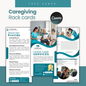 Può includere: Biglietti per l'assistenza con il logo Canva. Le carte presentano informazioni su assistenza sanitaria domiciliare, manutenzione della casa e servizi di fisioterapia. Il design include immagini di anziani e operatori sanitari.