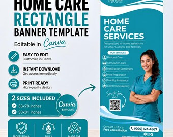 Plantilla de banner enrollable para servicios de atención domiciliaria, letrero publicitario para agencias de servicios para personas mayores (Canva)