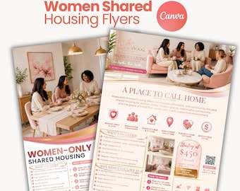 Plantilla de folleto de Canva para alojamiento compartido para mujeres, folleto editable de alquiler de compañeras de piso, folleto de alojamiento solo para mujeres, plantilla de folleto imprimible para vivienda compartida.