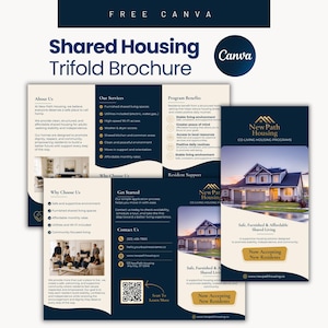 Puede incluir: Un folleto tríptico para New Path Housing, un programa de convivencia. El folleto presenta texto sobre vivienda compartida, beneficios del programa e información de contacto. El diseño incluye imágenes de casas y un logotipo de Canva.