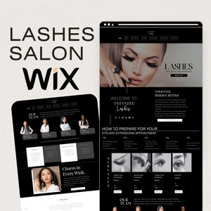 以下が含まれることがあります： まつげサロンのウェブサイトデザイン。上部に「Lashes Salon Wix」のテキスト。まつげエクステの写真と「Infinite Lashes」のテキストが表示されています。デザインは主に白黒です。