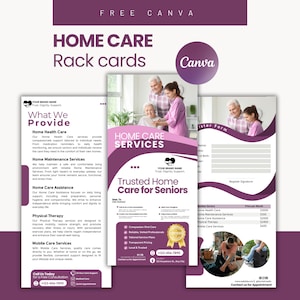 Könnte beinhalten: Home-Care-Rack-Karten mit lila und weißem Design. Die Karten enthalten Informationen zu häuslicher Krankenpflege, Wartung und Physiotherapie. Bilder von Senioren und Pflegekräften sind ebenfalls enthalten.