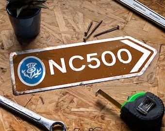 NC500 Arrow Metal Road Sign. Worn or Clean look Available. Brown Direction This way Scottish scotland touring UK platform motorhome classic
