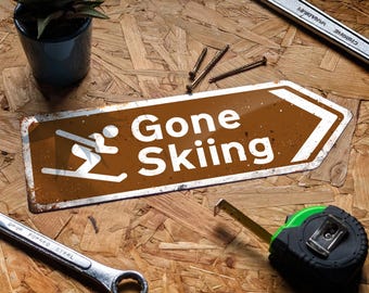 Gone Skiing Arrow Metal Sign. Worn or Clean look Available. Ski apres holiday slopes