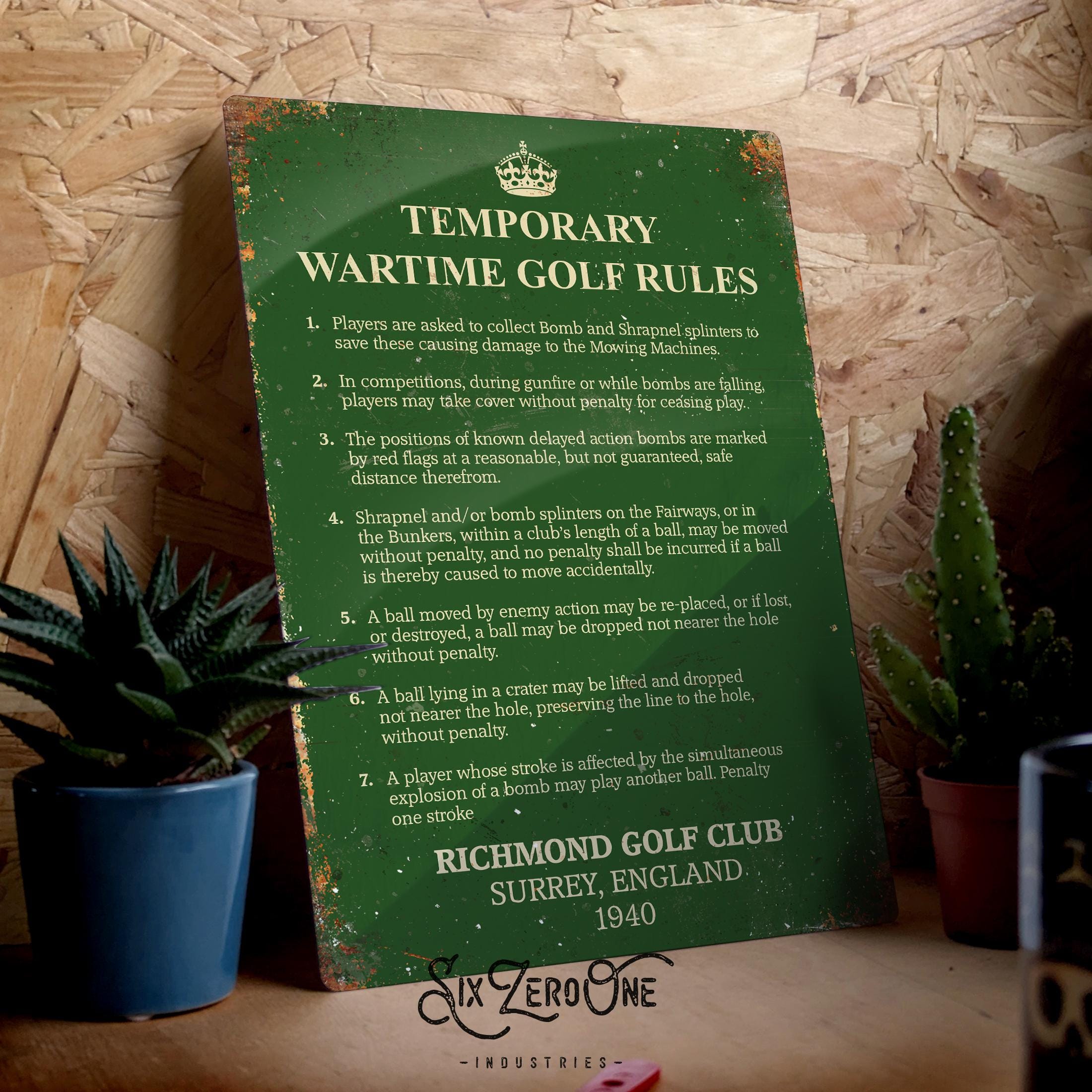 WW2 Wartime Golf Rules Metal Sign - Vintage Worn Rusty Look