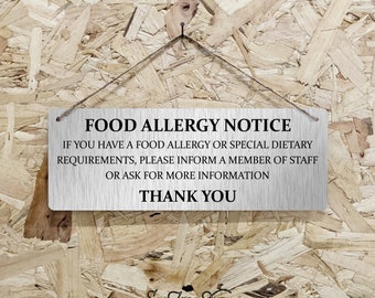 Food Allergy Horizontal Metal Sign - Silver Brushed Aluminium - Bar Cafe Premesis pub van allergic