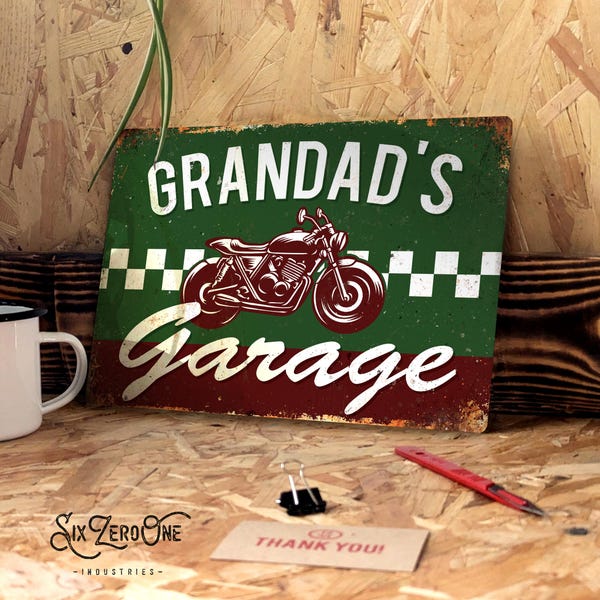 Letrero metálico personalizado para garaje de motocicletas: paisaje retro vintage, cueva de hombre, cobertizo, regalo para papá y abuelo.