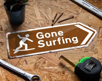 Gone Surfing Arrow Metal Sign. Worn or Clean look Available. 3 sizes. Beach Sea