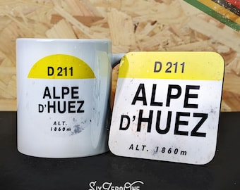 Tour De France Circle Markers Collection Mugs - Various Designs French Alpes holiday momento Cycling Ski 11oz Earthenware Mug Coaster Set
