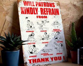Swim Safety Metal Sign Retro Vintage worn rusty look or clean look. Hot tub bathroom pool swimming nostalgia 80s chic tin