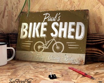 Personalised Bike Shed Metal Sign -  Vintage worn rusty look print - Le Tour MTB Road BMX 6 colours 4 bikes