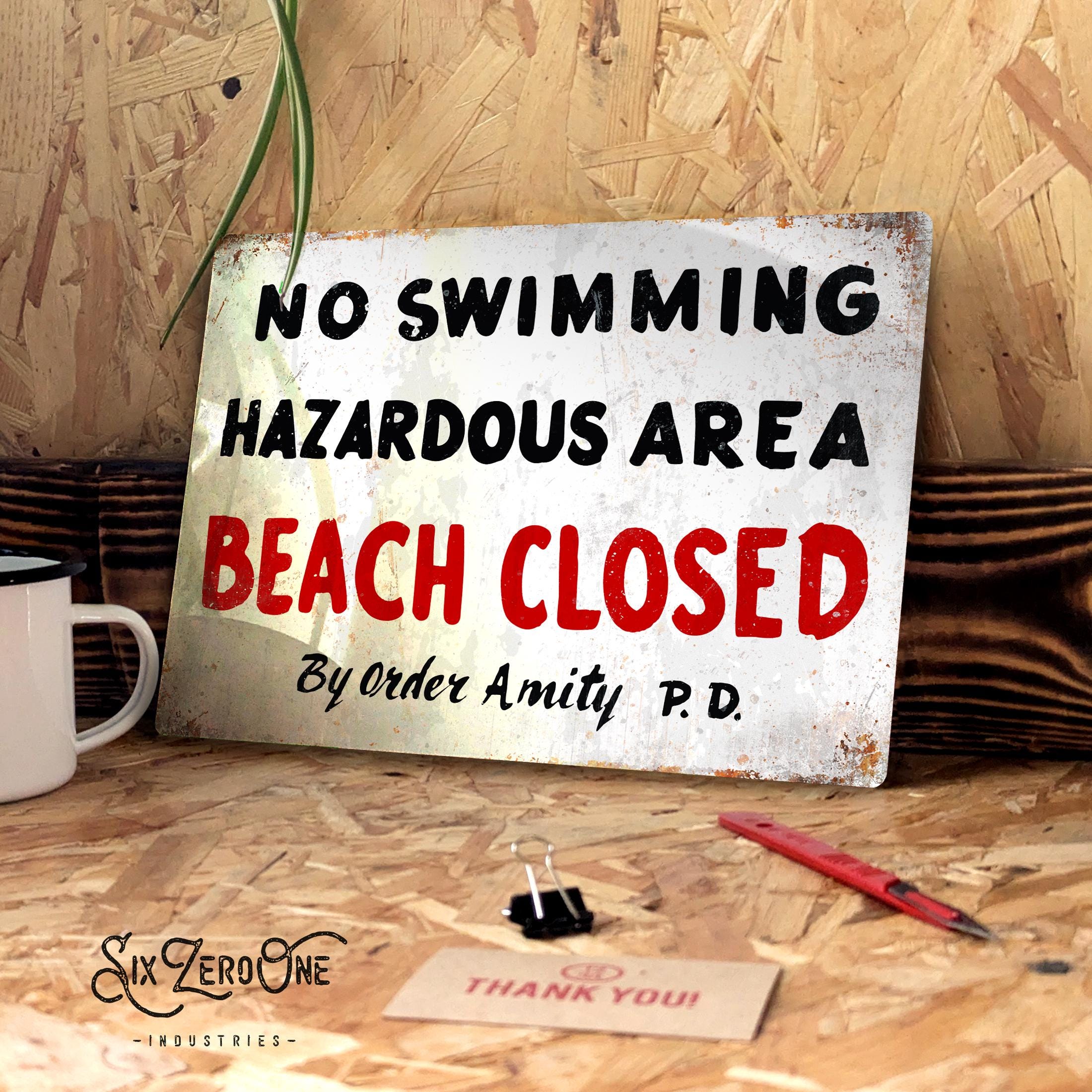 No Swimming Amity PD Metal Sign - Worn Look Rusty Print. Movie