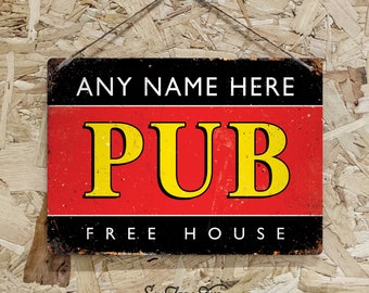 Personalised Metal Pub Sign Landscape - Worn Distressed Print Effect - Any text, Free House Bar