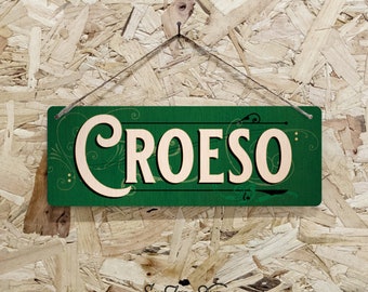 Croeso Metal Sign Horizontal -  Vintage look print - Welsh Wales Cymru Bar Pub Cheers Welcome Celtic Silver/White Small