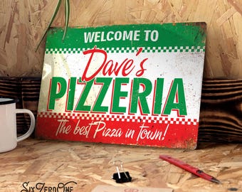 Personalised Pizzeria Metal Sign. Any Name Worn vintage look custom print. Welcome to Pizza garden patio oven bar