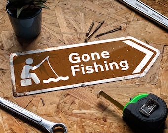 Gone Fishing Arrow Metal Sign. Worn or Clean look Available. 3 Sizes