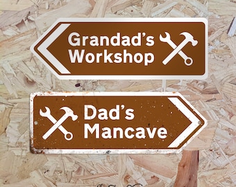 Personalised Tool Shed Arrow Metal Sign - Worn or Clean look Available - Brown Direction This way Mancave Workshop