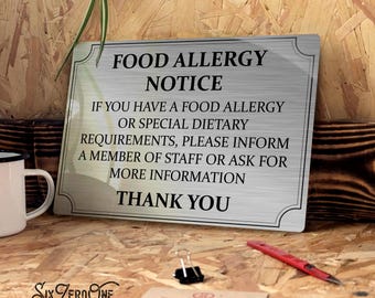 Food Allergy Metal Sign. Silver Brushed Aluminium - Bar Cafe Premesis pub van allergic