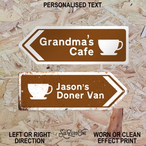 Personalised Cafe Arrow Metal Sign - Worn or Clean look Available - Brown Direction This way Road UK Refreshment tea coffee