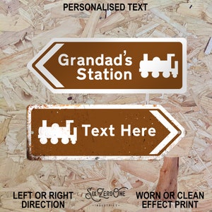 Personalised Steam Train Arrow Metal Sign Landscape - Worn or Clean look Available - Brown Direction This way Road UK