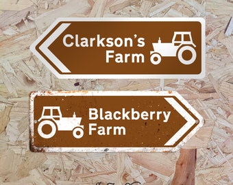 Personalised Farm Tractor Arrow Metal Sign Landscape - Worn or Clean look Available - Brown Direction This way Road UK Yard Holding Camping