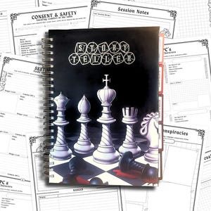 May include: A spiral-bound notebook titled Story Teller featuring a cover illustration of white chess pieces on a black and white checkered board with red blood-like splatters. The notebook includes various internal pages for game session notes.