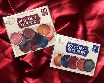 May include: Two sets of wax seal stickers, one with 10 pieces and one with 5 pieces. Both sets are glossy and feature different designs, including a crown, a skull, and a flower.