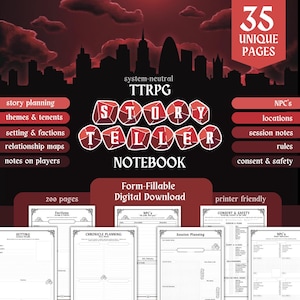 May include: A system-neutral TTRPG storyteller notebook digital download featuring 35 unique pages and 200 pages total. The dark red and black graphic includes a city skyline, dice icons, and text labels for story planning, NPCs, and session notes.