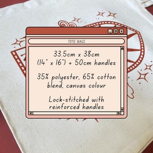 May include: A white tote bag with a compass design and a brown border. The bag is 33.5 inches by 38 inches and has 50cm handles. It is made of 35% polyester and 65% cotton blend.