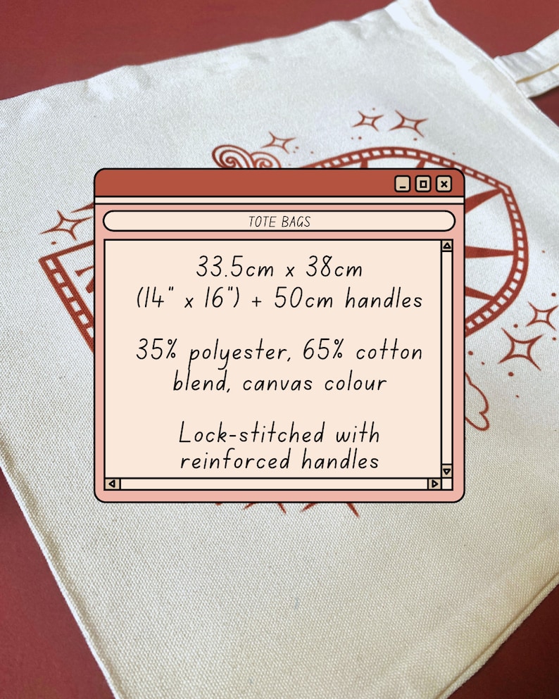 May include: A white tote bag with a compass design and a brown border. The bag is 33.5 inches by 38 inches and has 50cm handles. It is made of 35% polyester and 65% cotton blend.