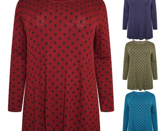 Women Plus Size Polka Dot Long Sleeve Round Neck Swing Tunic Top - 1032