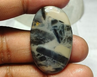May include: An oval-shaped gemstone with a unique pattern of black, gray, and cream colors. The polished surface of the stone displays a marbled effect, with dark streaks and patches against a lighter background. The gemstone is held in a hand.