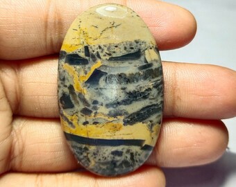 May include: A close-up of a polished oval-shaped stone with a unique pattern of black, brown, and yellow. The stone has a smooth, polished surface and a natural, organic look.