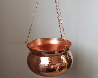 copper plant pot with chain,hanging pot,copper planter,rustic planter,plant accessory,wall hanging planter