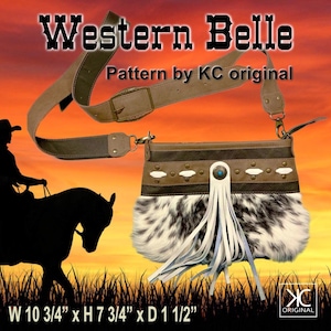 May include: A crossbody bag with a black and white cowhide-style fur front, featuring a long white fringe, a brown leather-like upper band with white accents, and a brown adjustable strap. Text reads Western Belle, Pattern by KC original.