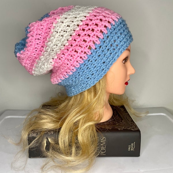 Transgender pride slouchy beanie // handmade trans crochet hat // LGBTQ+ gifts