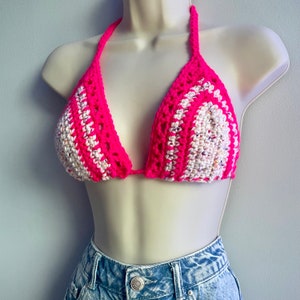 Hot Pink Accent Handmade Crochet Bralette / Adjustable Bikini Top