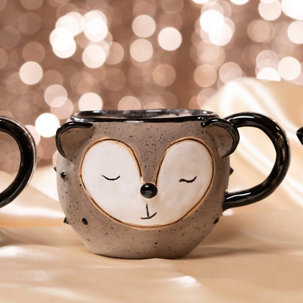 Keramik Tassen mit Tier Motiv, Becher mit Igel, Teebecher mit Fuchs, Mug mit Waschbärchen, Kindertasse