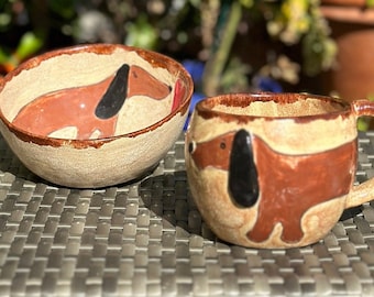 Handgemachtes Keramik Frühstücksset mit Dackel, Teetasse mit Dackel, Geschenk für Dackelliebhaber, handgetöpferte Müslischale mit Dackel