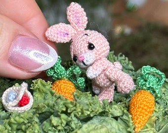 Pink Easter Bunny with Easter Eggs and Carrot in Walnut Box, Tiny Easter Bunny, Miniamirugumi Easter Bunny Collectible, Easter Decoration