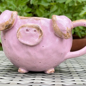 Può includere: Una tazza in ceramica rosa a forma di maiale, con corpo arrotondato, piedini e manico. La tazza presenta un muso e orecchie di maiale con una glassa marrone. La tazza è appoggiata su una superficie tessuta grigio chiaro.