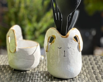 Ceramic cooking spoon holder shaped as an Easter bunny, utensil holder with animal motif, ceramic utensil holder, stand for kitchen accessories