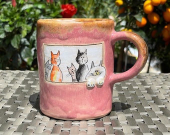 Handbemalte Keramik Tassen mit Tiermotiv, Tasse mit Katze getöpfert, Kindertasse mit Katzen, Katzen Teetasse Geschenk für Katzenliebhaber