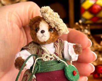 Collectible Teddy Bear Miniature with Bavarian Costume, Mini Collectible Figures, Handmade Teddy Bear, Crocheted Teddy Bear, Realistic Teddy Bear