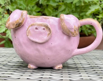 Tea cup with lucky pigs hand-made, milk coffee cup with animal motif hand-made, potted pigs children's cup hand-made