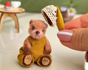 Miniature teddy bear with pajamas, unique gift teddy, handmade teddy, crocheted bear, gift for collectors, crocheted teddy