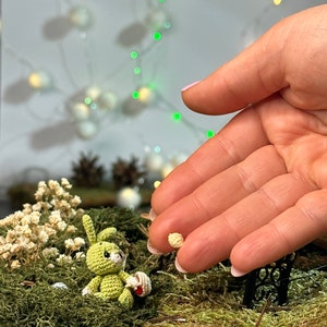 May include: A miniature crocheted green bunny holding a basket with a red item, set in a mossy scene with white flowers and a tiny black bench. A hand holds a small, round, beige item. Fairy garden theme.