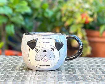 Teacup with pug motif, ceramic milk coffee cup with dog motif hand-painted, gift for pug lovers, hand-made cups with animals