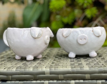 Könnte beinhalten: Zwei weiße Keramik-Pflanztöpfe in Schweineform mit kleinen Beinen und Ohren. Die Töpfe stehen auf einer gewebten Oberfläche.